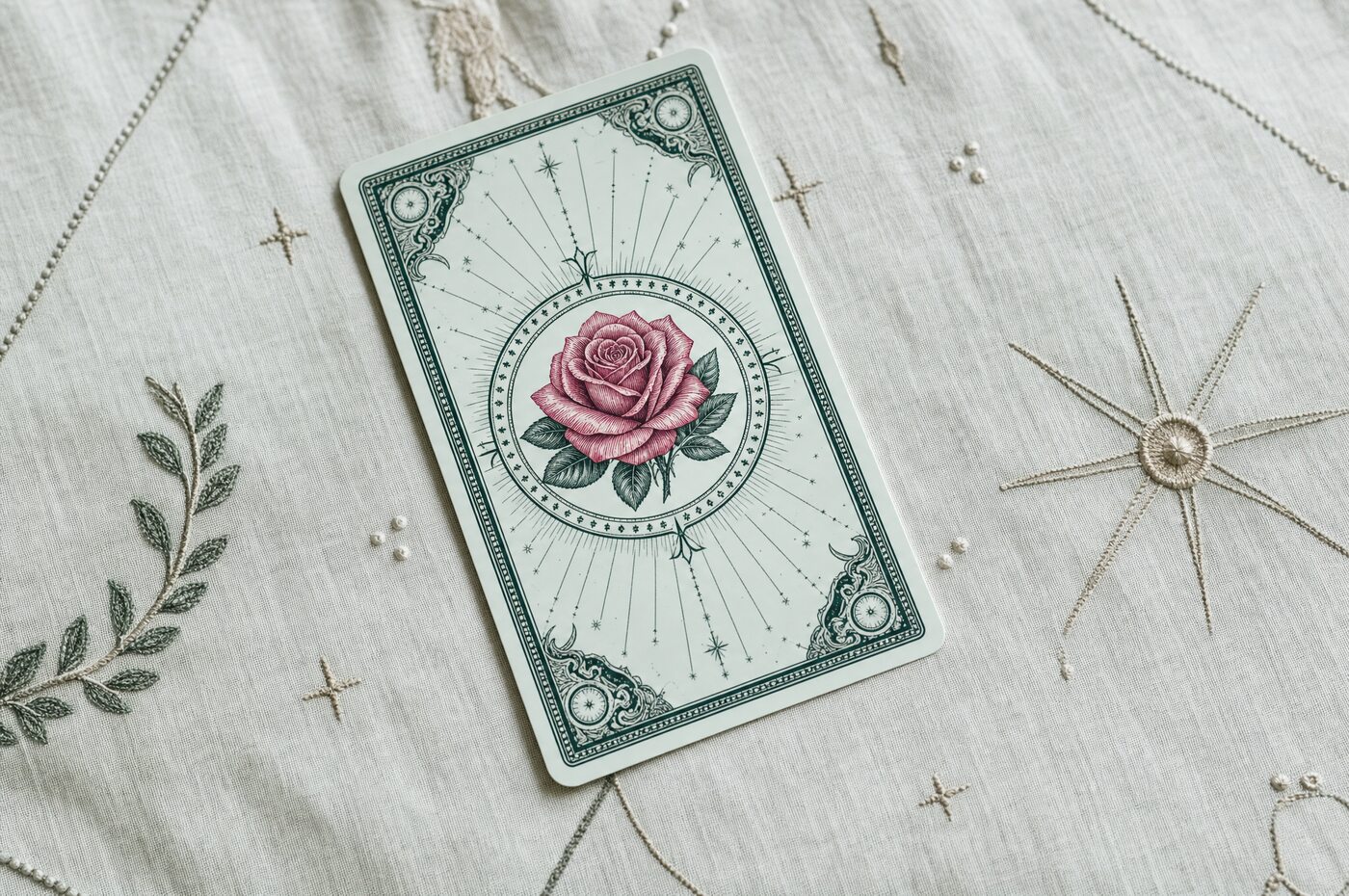 A floral tarot card on an embroidered cloth