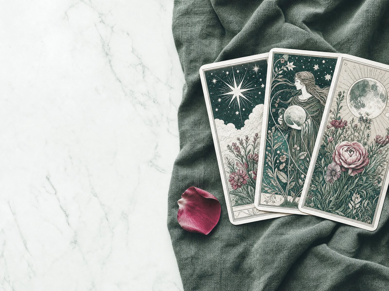 Illustrated tarot cards laid out with flowers